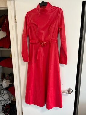 Red Long-Sleeve Faux-Leather Belted Midi Dress